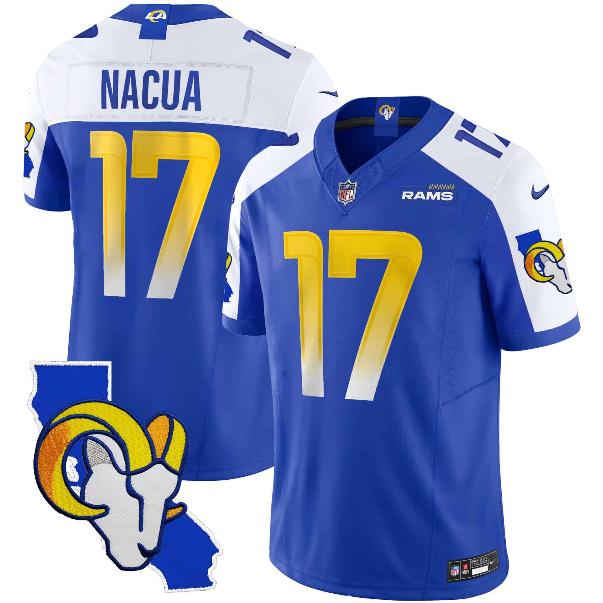 Men Los Angeles Rams #17 Nacua Blue 2024 Nike California Patch Vapor Limited NFL Jersey